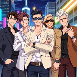 An anime-style illustration featuring a group of stylish gentlemen with distinct personalities, each showcasing unique hairstyles and fashionable outfits that blend modern and classic elements