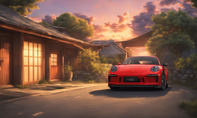 A vibrant red Porsche GT3 in Naruto's Konoha village at sunset.