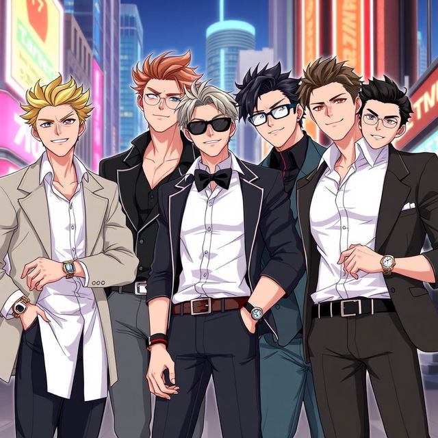 An anime-style illustration featuring a group of stylish gentlemen with distinct personalities, each showcasing unique hairstyles and fashionable outfits that blend modern and classic elements