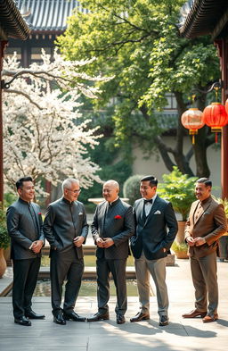 A group of sophisticated gentlemen in traditional Chinese attire, standing in an elegant courtyard featuring intricate architecture and lush greenery