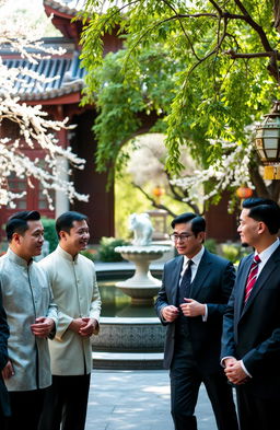A group of sophisticated gentlemen in traditional Chinese attire, standing in an elegant courtyard featuring intricate architecture and lush greenery