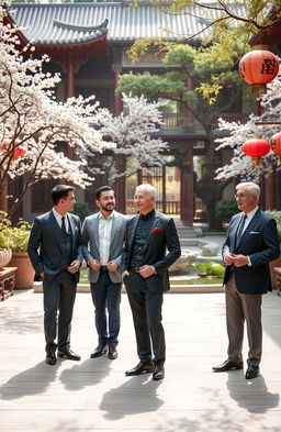 A group of sophisticated gentlemen in traditional Chinese attire, standing in an elegant courtyard featuring intricate architecture and lush greenery