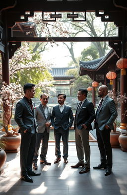 A group of sophisticated gentlemen in traditional Chinese attire, standing in an elegant courtyard featuring intricate architecture and lush greenery