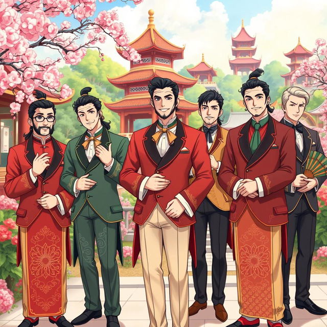 A vibrant anime-style illustration of a group of dapper gentlemen in traditional Chinese attire, featuring elaborate embroidery and accessories, standing confidently in a picturesque Chinese garden