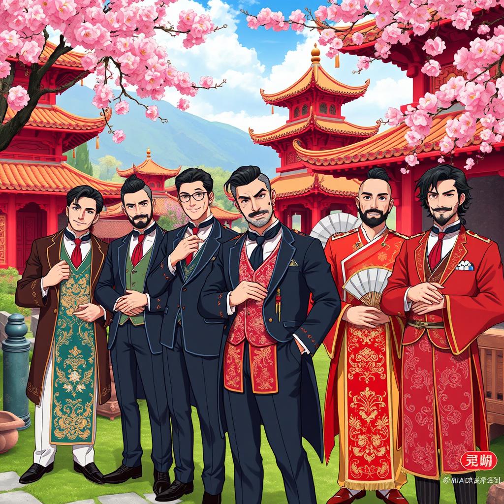 A vibrant anime-style illustration of a group of dapper gentlemen in traditional Chinese attire, featuring elaborate embroidery and accessories, standing confidently in a picturesque Chinese garden