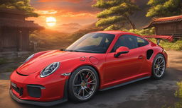 A vibrant red Porsche GT3 in Naruto's Konoha village at sunset.