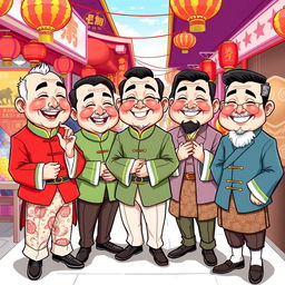 A colorful cartoon illustration of a group of charming gentlemen dressed in traditional Chinese outfits, each with unique styles and personalities