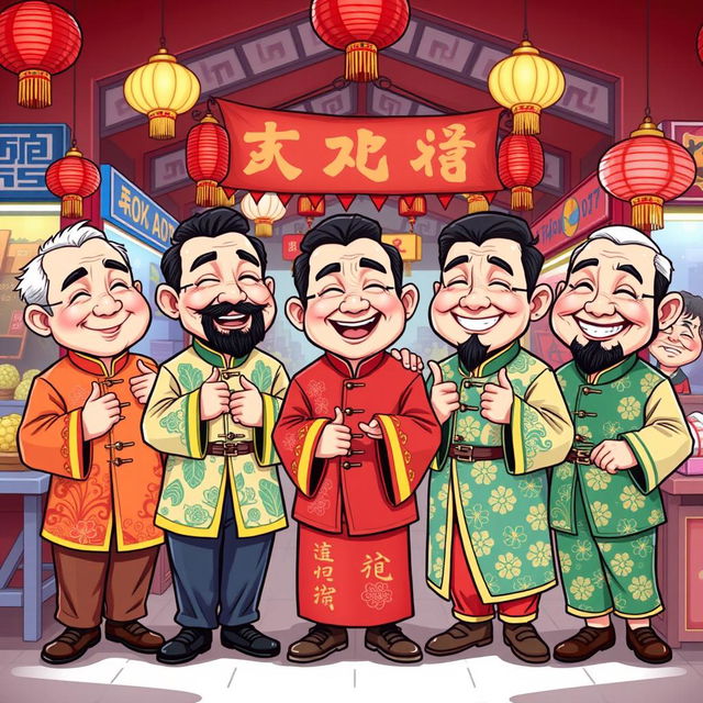 A colorful cartoon illustration of a group of charming gentlemen dressed in traditional Chinese outfits, each with unique styles and personalities