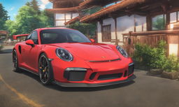 A vibrant red Porsche GT3 in Naruto's Konoha village at sunset.