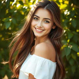 A realistic portrait of a young woman with long, flowing brown hair and striking green eyes, smiling softly against a natural background of soft green foliage