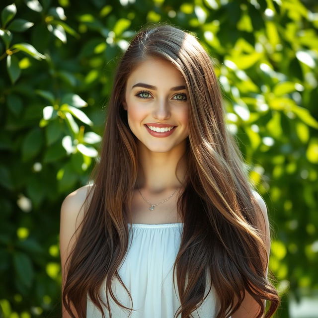 A realistic portrait of a young woman with long, flowing brown hair and striking green eyes, smiling softly against a natural background of soft green foliage