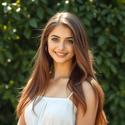 A realistic portrait of a young woman with long, flowing brown hair and striking green eyes, smiling softly against a natural background of soft green foliage