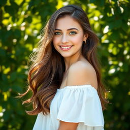 A realistic portrait of a young woman with long, flowing brown hair and striking green eyes, smiling softly against a natural background of soft green foliage