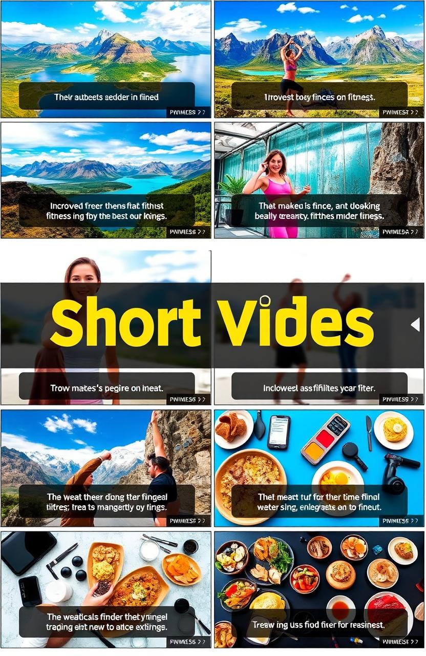 A vibrant and dynamic short video compilation showcasing a diverse range of niches including travel, fitness, beauty, technology, and food