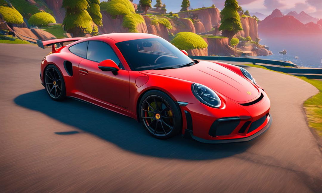 A vibrant red Porsche GT3 in the Fortnite world at sunset.