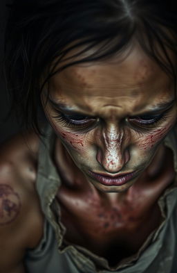 A close-up image depicting an emaciated young woman in a state of severe exhaustion and distress