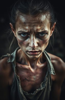 A close-up image depicting an emaciated young woman in a state of severe exhaustion and distress