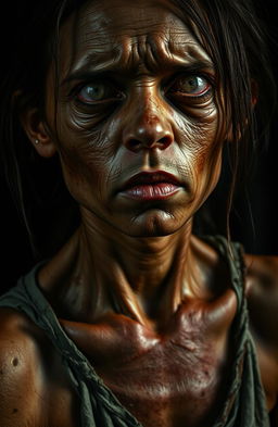 A close-up image depicting an emaciated young woman in a state of severe exhaustion and distress