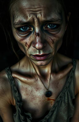 A close-up image depicting an emaciated young woman in a state of severe exhaustion and distress