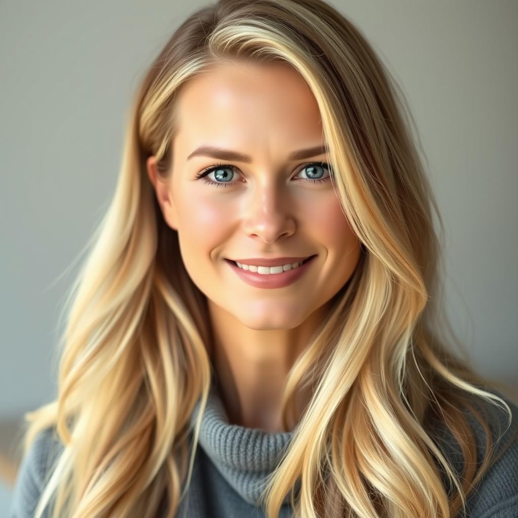 A realistic portrait of a blonde woman in her 30s, featuring natural lighting that highlights her features, with a soft expression and a gentle smile