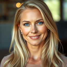 A realistic portrait of a blonde woman in her 30s, featuring natural lighting that highlights her features, with a soft expression and a gentle smile