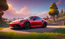 A vibrant red Porsche GT3 in the Fortnite world at sunset.