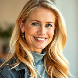 A realistic portrait of a blonde woman in her 30s, featuring natural lighting that highlights her features, with a soft expression and a gentle smile
