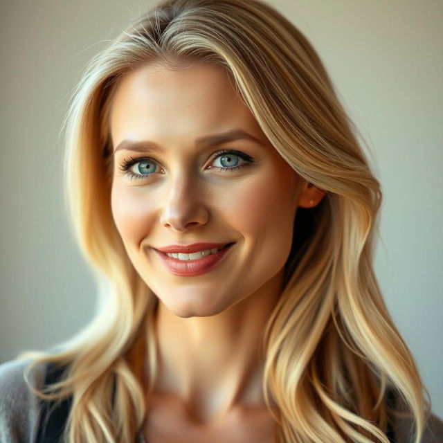 A realistic portrait of a blonde woman in her 30s, featuring natural lighting that highlights her features, with a soft expression and a gentle smile