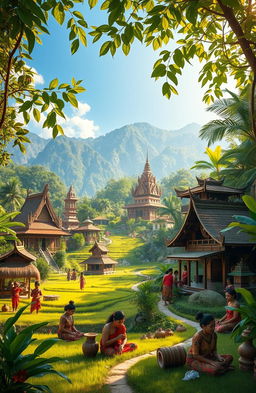 A lush, vibrant landscape representing the rich heritage of Nusantara, showcasing a variety of traditional Indonesian architecture, such as wooden stilt houses and ornate temples, surrounded by tropical rainforest and rice paddies