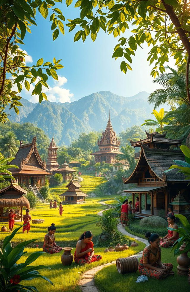 A lush, vibrant landscape representing the rich heritage of Nusantara, showcasing a variety of traditional Indonesian architecture, such as wooden stilt houses and ornate temples, surrounded by tropical rainforest and rice paddies