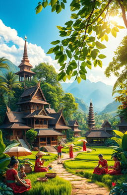A lush, vibrant landscape representing the rich heritage of Nusantara, showcasing a variety of traditional Indonesian architecture, such as wooden stilt houses and ornate temples, surrounded by tropical rainforest and rice paddies
