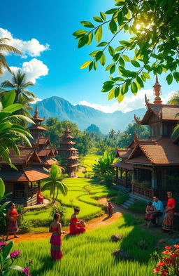 A lush, vibrant landscape representing the rich heritage of Nusantara, showcasing a variety of traditional Indonesian architecture, such as wooden stilt houses and ornate temples, surrounded by tropical rainforest and rice paddies