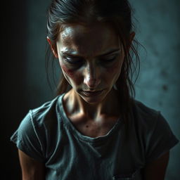 A close-up image depicting an emaciated young woman in a state of severe exhaustion and distress