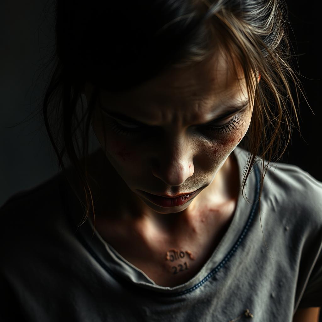 A close-up image depicting an emaciated young woman in a state of severe exhaustion and distress