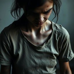 A close-up image depicting an emaciated young woman in a state of severe exhaustion and distress