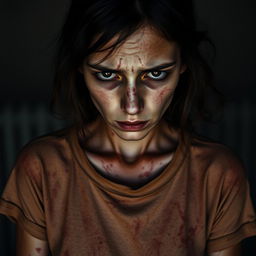 A close-up image depicting an emaciated young woman in a state of severe exhaustion and distress