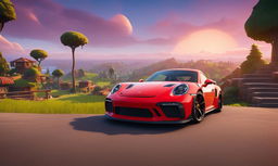 A vibrant red Porsche GT3 in the Fortnite world at sunset.