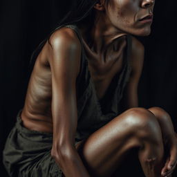 A close-up image depicting an emaciated young woman in a state of severe exhaustion and distress, sitting sideways to showcase her frail form