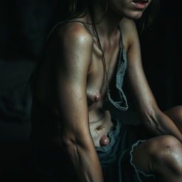 A close-up image depicting an emaciated young woman in a state of severe exhaustion and distress, sitting sideways to showcase her frail form