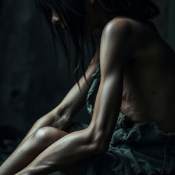 A close-up image depicting an emaciated young woman in a state of severe exhaustion and distress, sitting sideways to showcase her frail form