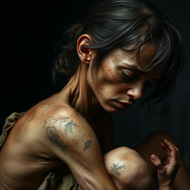 A close-up image depicting an emaciated young woman in a state of severe exhaustion and distress, sitting sideways to showcase her frail form