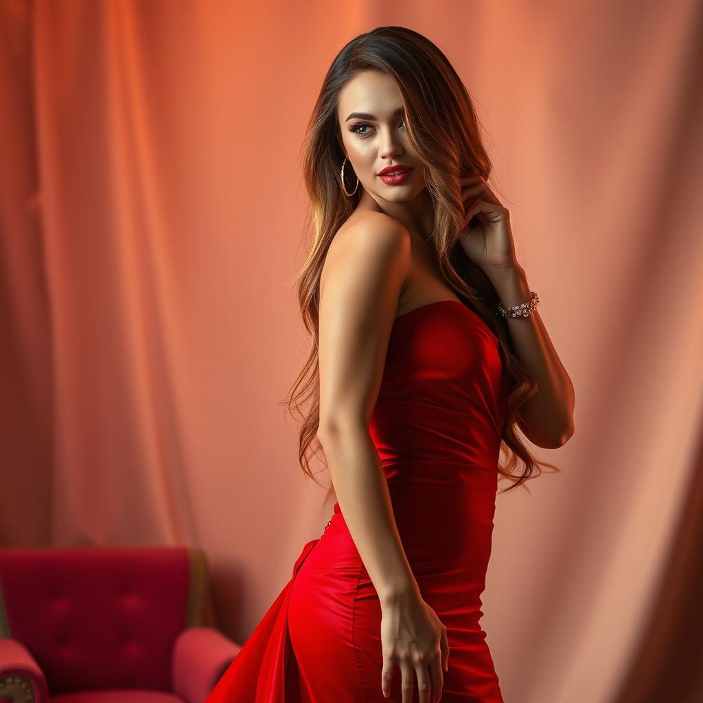 A stunningly attractive woman in a glamorous red evening gown, showcasing her alluring curves and confidence