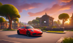 A vibrant red Porsche GT3 in the Fortnite world at sunset.