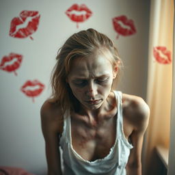 A close-up image depicting an emaciated young woman in a state of severe exhaustion and distress