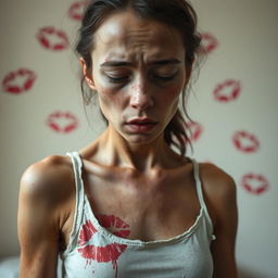 A close-up image depicting an emaciated young woman in a state of severe exhaustion and distress