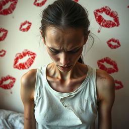 A close-up image depicting an emaciated young woman in a state of severe exhaustion and distress