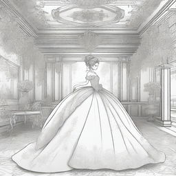 A grand ball room as the backdrop with a girl adorned in a dress meticulously crafted out of various flowers