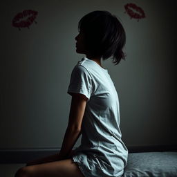 A side profile image of an emaciated young woman sitting in a state of severe exhaustion and distress