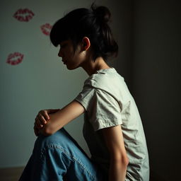 A side profile image of an emaciated young woman sitting in a state of severe exhaustion and distress