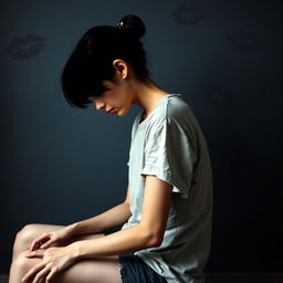 A side profile image of an emaciated young woman sitting in a state of severe exhaustion and distress